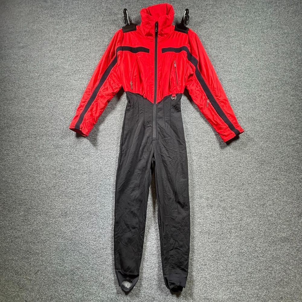 Vintage Nils One Piece Ski Suit Womens 8 Red Black Schoeller Skiwear Made in USA